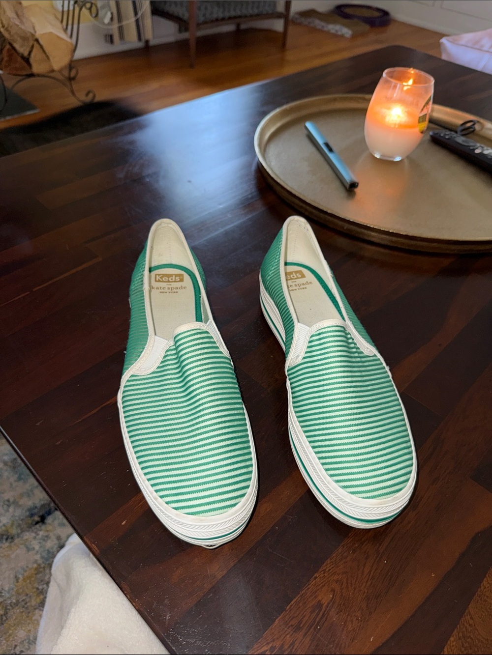 Keds Green and White Striped Slip-On Loafers